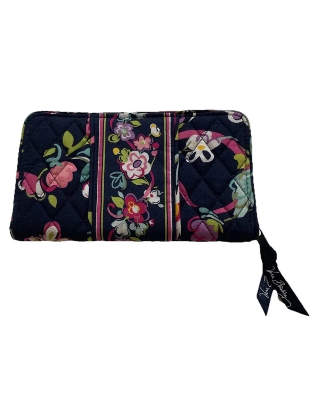 Vera Bradley Ribbons Accordion Wallet Zip Around Closure Navy Blue Background - Picture 2 of 9